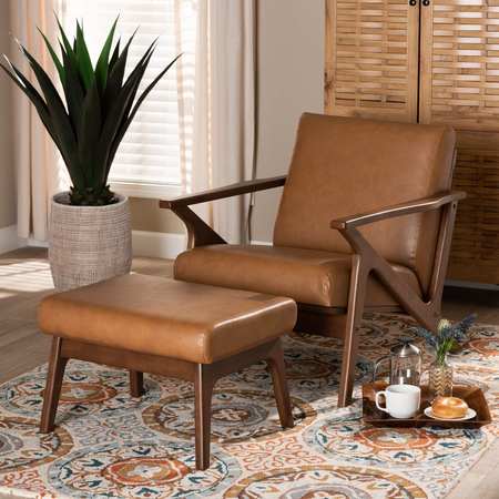 BAXTON STUDIO Bianca Mid-Century Modern Wood and Tan Faux Leather 2-Piece Lounge chair and Ottoman Set 190-11392-11484-ZORO